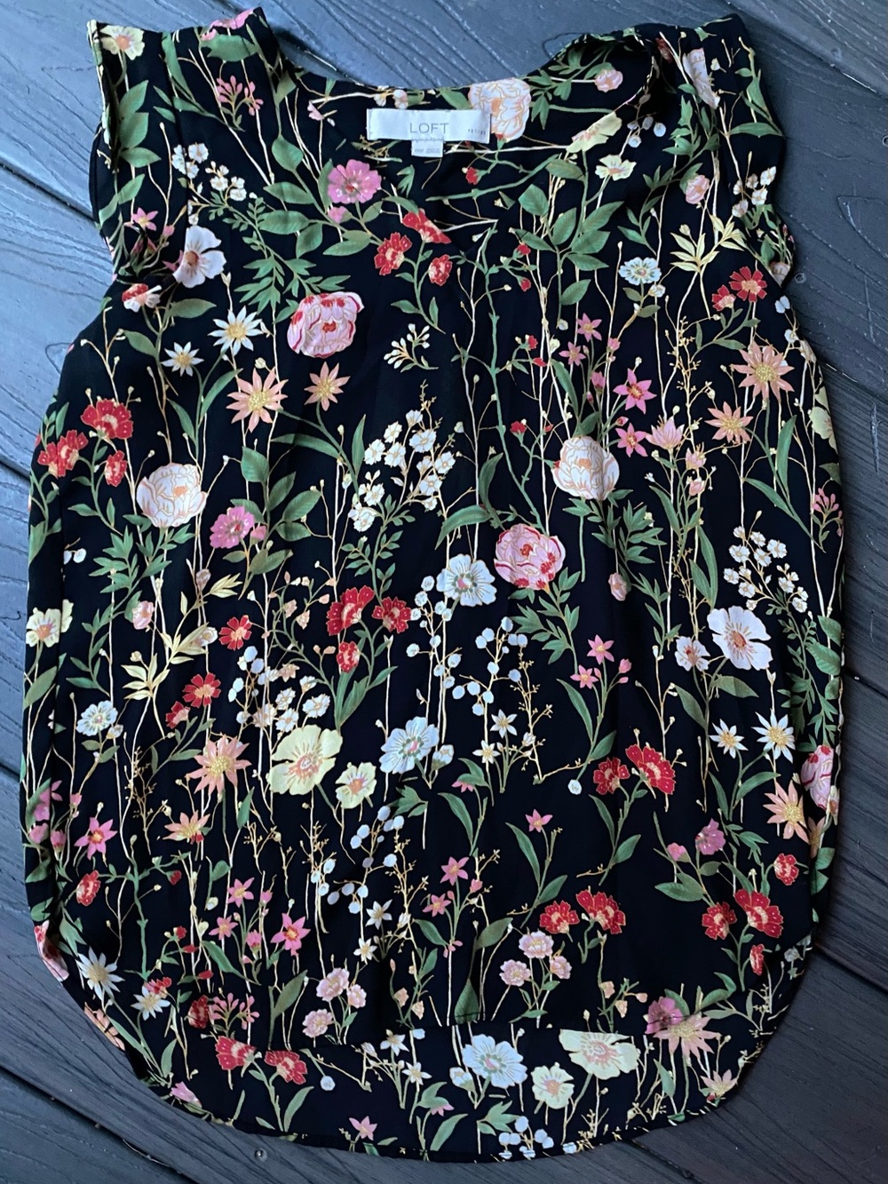 LOFT Black Floral Sleeveless Blouse with Pink, Red and Cream Blooms